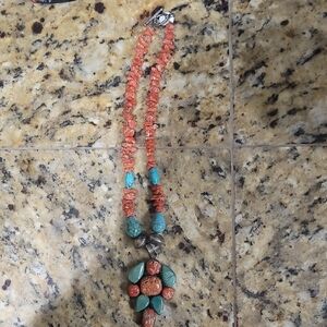 Turquoise and Coral Beaded Necklace
